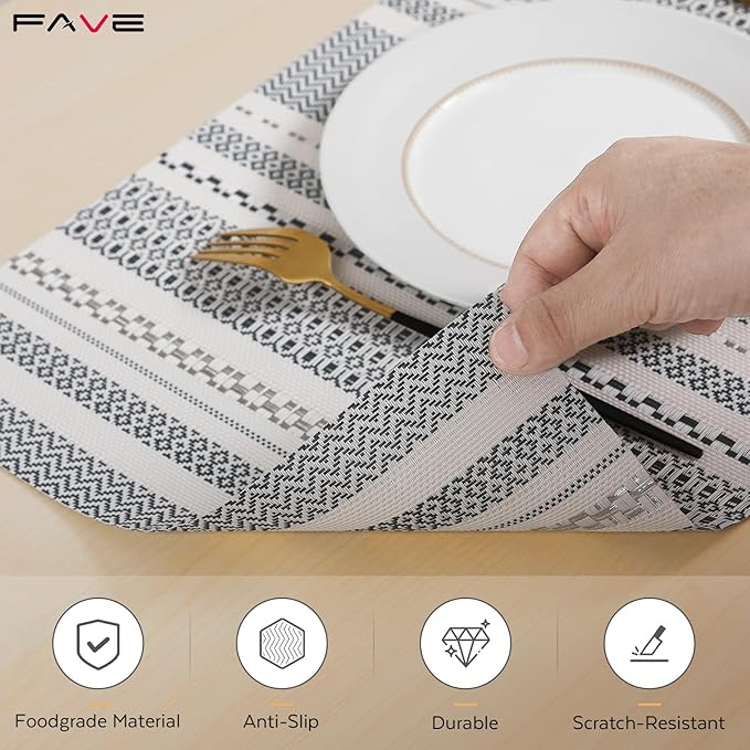 FAVE Boho Vinyl Placemats Set of 6, Durable Woven Place Mats Washable Heat Resistant PVC Table Mats for Parties,Weddings, Dining,Banquet(Gray, 6PCS)