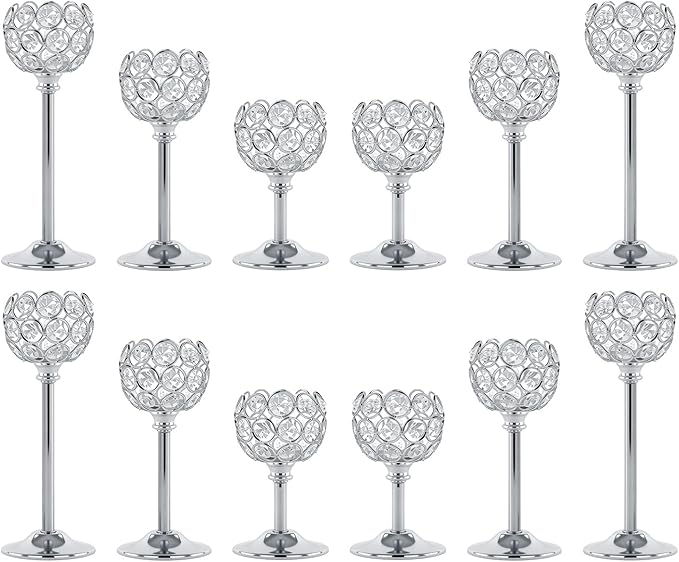 Crystal Metal Tealight Candlestick, Bling Bowl Candelabras, Tall Crystal Candle Holders Elegant Candle Centerpiece for Dining Table Wedding Home Mantel Decor(Silver, 4Sets(12 Pcs))