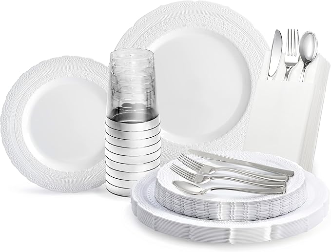 " OCCASIONS " 960pcs set (120 Guests)-Extra Heavyweight Vintage Wedding Disposable/Reusable Plastic Plates (120 x 11''+ 120x8.25'')+Silverware+12oz Cups+Napkins (Chateau Collection White)