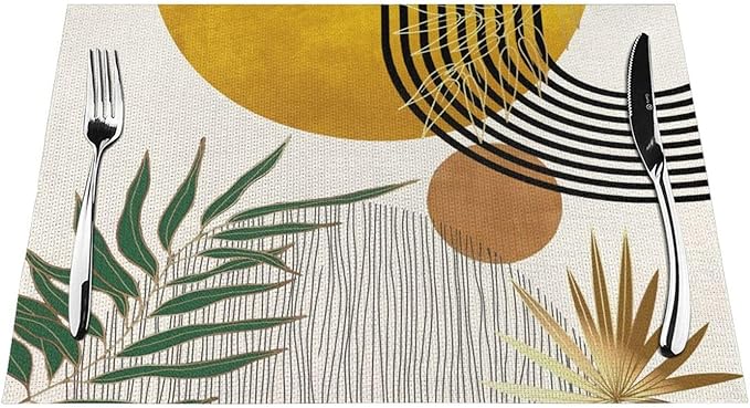 Mid Century Placemats 12x18 Inches Set of 4,Abstract Modern Boho Green Yellow Tropical Leaf Decorative Rectangle Table Mats for Party, Home Kitchen,Dining Table Decoration