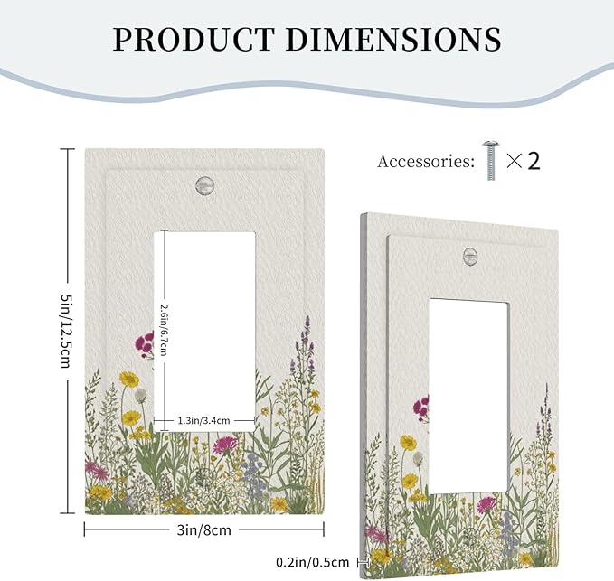Outlet Covers Wildflower Botanical Plant Herbs Flower 1 Gang Wall Plate Single Rocker Light Switch Cover Decorative GFCI Receptacle Electrical Switchplate for Bathroom Livingroom Decor（2 Pack）