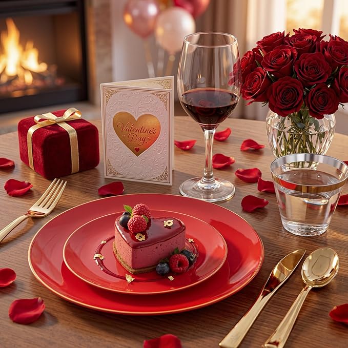 WDF 150Pcs Red Plastic Plates - Red Plates Disposable - 25Guest Christmas Dinnerware Include 25 Dinner Plate, 25 Dessert Plate, 75 Cutlery & 25 9oz Cups for Parties Valentine's Day