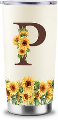 Sunflower Gifts for Women - Personalized Christmas Gifts for Women - Birthday Gift for Woman - Mothers Day Gift for Mom - Monogrammed, Initial 20oz Travel Cup Insulated Tumbler with Lid, P