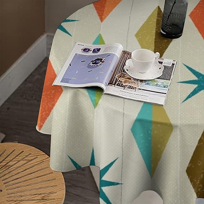 Mid Century Round Tablecloth, Modern Colorful Abstract Geometric Retro Art Printed Tablecloth for Home Party Dining Room Kitchen Decor 50Inch(127cm)