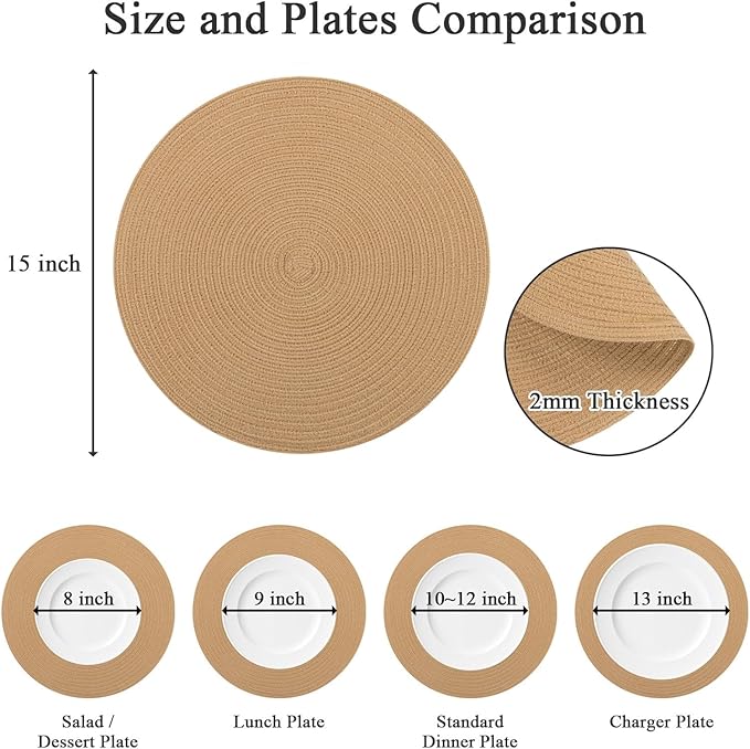 SHACOS 15 inch Round Braided Placemats Set of 6 Non Slip Heat Resistant Round Table Mats Fabric Place Mats for Dinner Party Table Decoration (Camel, 6)