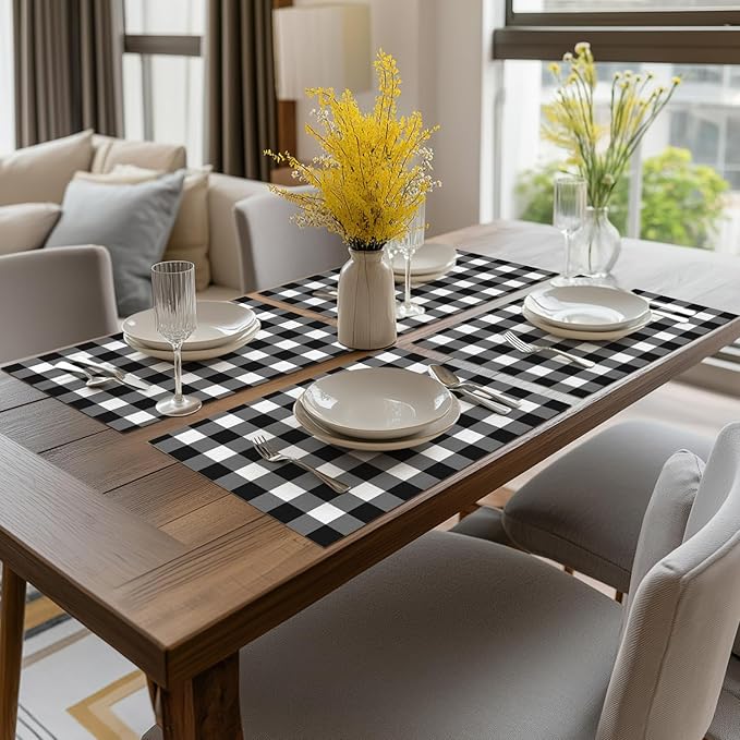 Artoid Mode Buffalo Plaid Vinyl Placemats Set of 4, 12x18 Inch Washable Non-Slip Heat Resistant Plastic Place Mats for Party Dining Table, Black/White