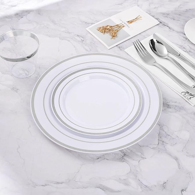 BESTVIP 50PCS 7 Inch Silver Plastic Plates, Disposable Salad Dessert Plate with Silver Rim for Christmas, Thanksgiving, Heavy Duty Disposable Plastic Plates for Parties, Wedding and Birthday, Events