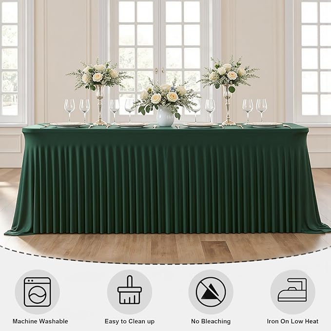 2 Pack Dark Green 6FT Rectangle Spandex Tablecloths, Stretch Fitted Table Covers for 6 Foot Tables, Wrinkle Free Table Clothes for Christmas Party Holiday Wedding Banquet Dinner Decoration