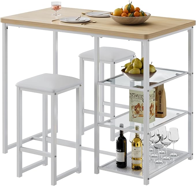 VECELO Small Bar Table and Chairs Set for 2, Upholstered Stools & Glass Storage Shelves, for Kitchen Dining Breakfast Nook, Space-Saving, Natural & White