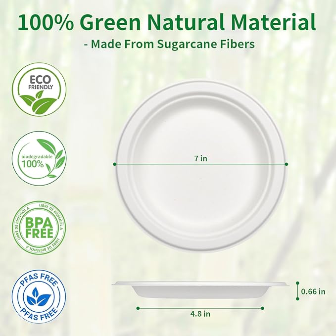 Aricsen 100 Pack 7 Inch Compostable Disposable Round Paper Plates, Natural White Biodegradable Sugarcane Bagasse PFAS-Free Eco-Friendly Dinner Plates for Party Wedding Picnic BBQ (100, 7 INCH)
