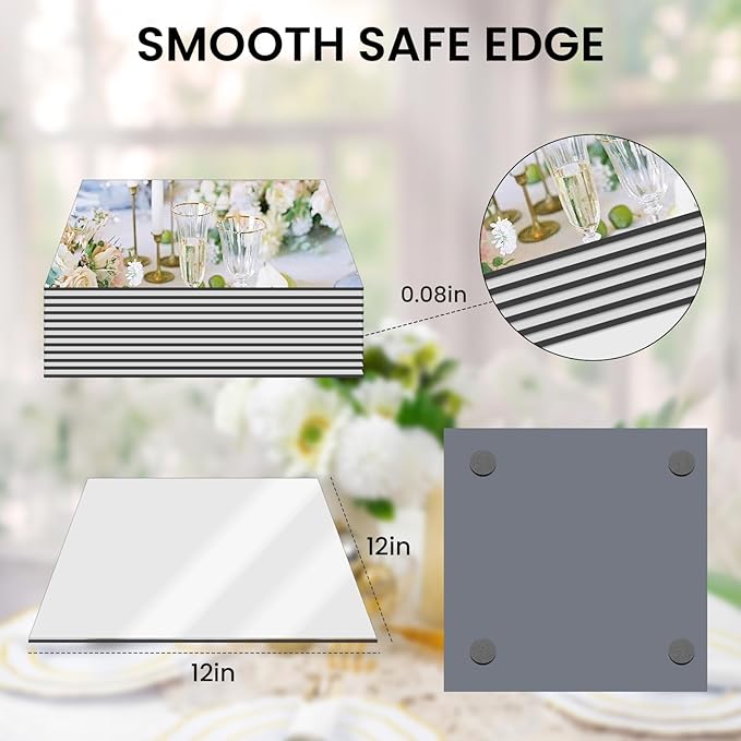 Mirror Centerpieces for Tables, 12" Square, Set of Glass Mirror Table Centerpieces with Non-Slip Foot, Candle Plate for Wedding Decorations, Parties, Christmas, 2mm Thick