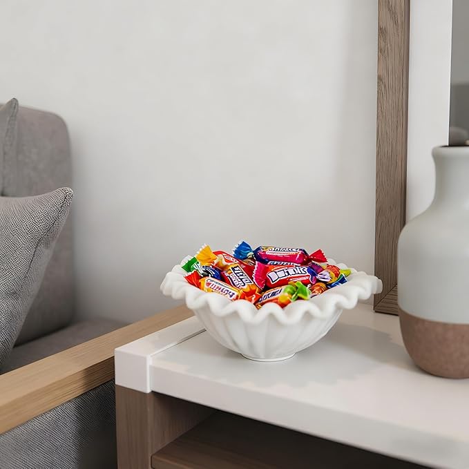 Small Decorative Bowl decor, Scalloped Pedestal Bowls for Modern Home Decor,Ruffle Decor,Stylish Key Bowl for Entry Table,Decorative Fruit Bowl for Kitchen Counter,Artificial Stone Milky White