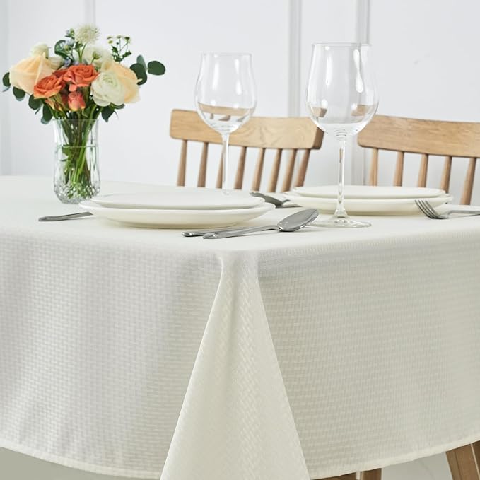 maxmill Weaved Texture Tablecloth Water Resistance Antiwrinkle Spillproof Soft Washable Table Cloth for Dining Room, Buffet Banquet Parties Holiday Dinner, Rectangular 70 x 108 Inch, Ivory