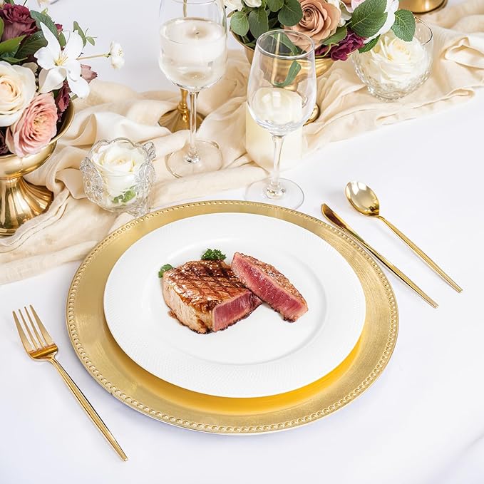 LIYH 8 Pcs Gold Charger Plates 13'' Plastic Round Chargers Plates Reusable Wedding Dinner for for Table Setting Wedding Party Decoration