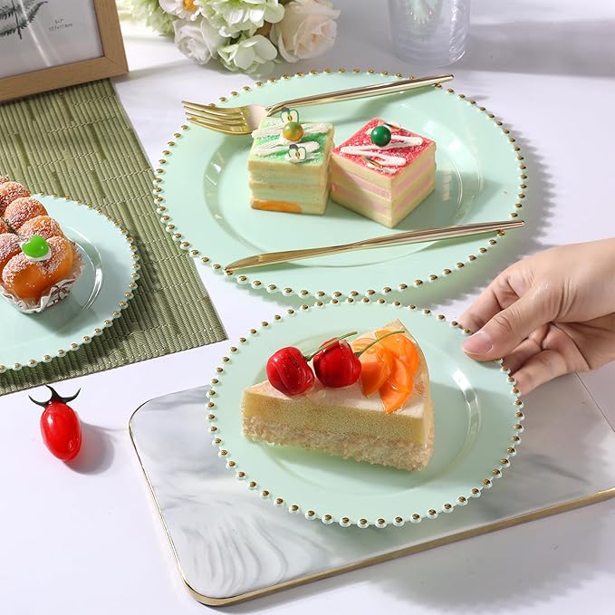 EI 60pcs Green Plastic Plates with Gold Rim,Disposable Heavy Duty Sage Green and Gold 10.25" Dinner & 7.5" Dessert Plastic Plate for Birthday,Afternoon Tea,Wedding,Spring,Valentine's Day,Easter