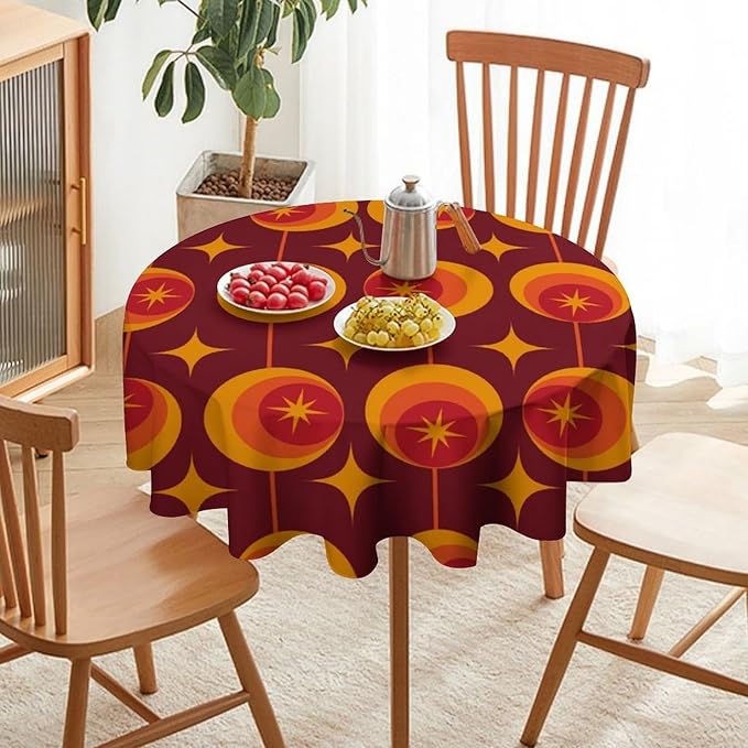 Modern Mid Century Round Tablecloth, Abstract Vintage Geometric Print Tablecloth for Home Party Dining Room Kitchen Decor 70Inch(178cm)
