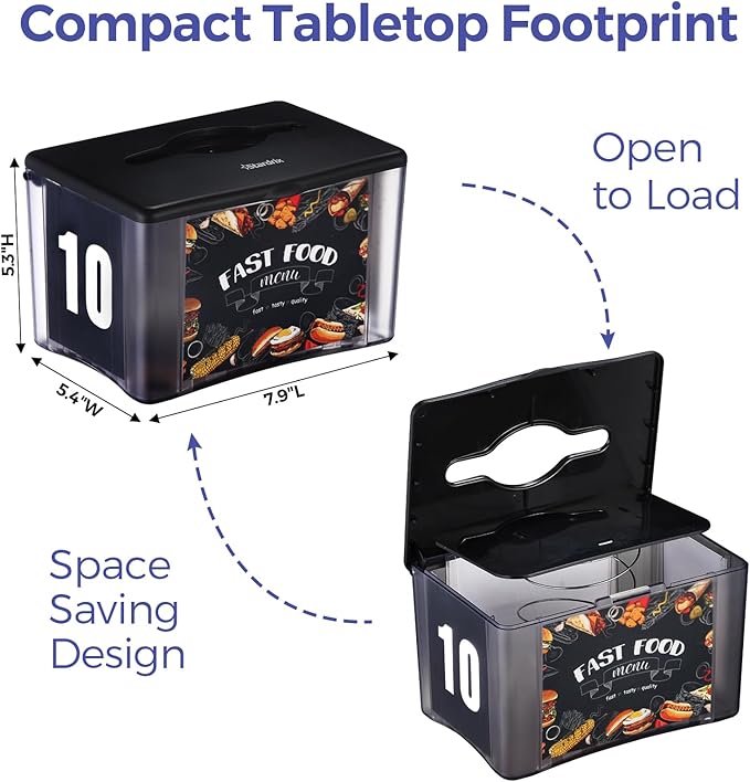 Interfold Tabletop Napkin Holder, Commercial Restaurant Napkin Dispenser with 4-Sided Marketing Insert Display, Easy-Access Black Napkin Dispenser for Counters & Tables