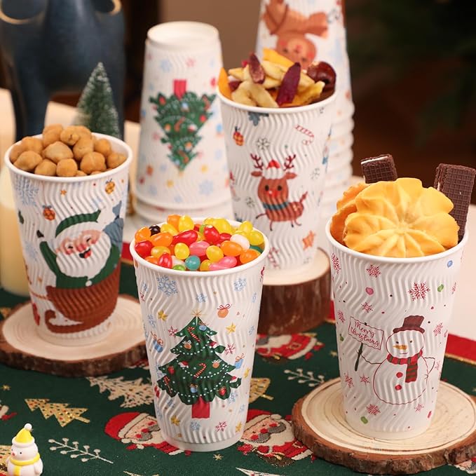 100 Count Christmas Paper Cups, Xmas 16 oz DisposableCoffee Cups Snowflake Santa Snowman Elk Christmas(16oz 100Count)