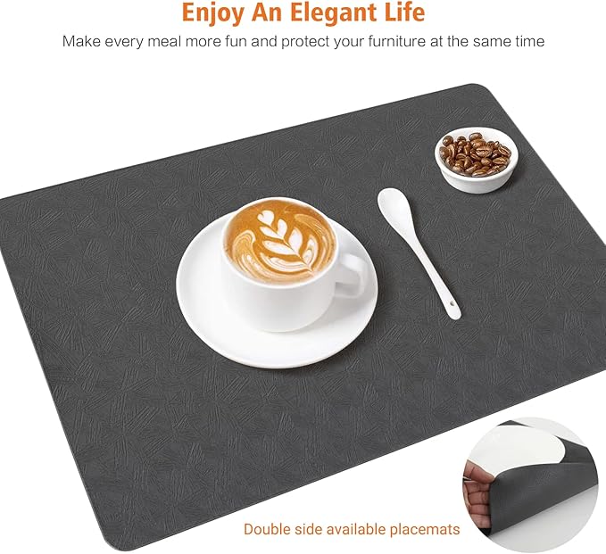 Vinyl Placemats Set of 4 Heat Resistant Easy Clean Non-Slip Place Mats for Dining Table Faux Leather Waterproof Stain Resistant Wipeable Washable PVC Table Mats(4, Gray)