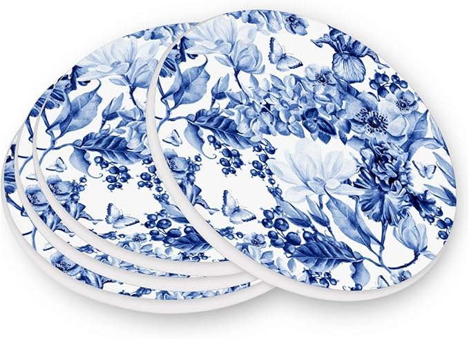 Coasters for Drinks Cup Coaster Mat Round Cups Cork Backing Pad for Coffee Table Desk Home Decor Blue White Flowers Butterfly