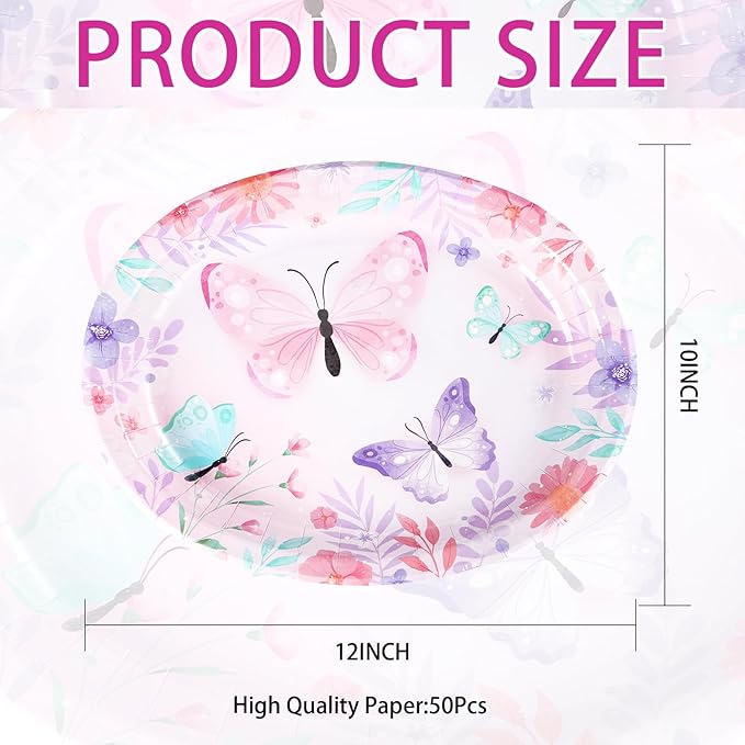 50Pcs Butterfly Oval Paper Plates 10" x 12" Large Disposable Heavy Duty Watercolor Butterfly Floral Party Plates Pink Spring Dessert Platters for Girls Baby Shower Butterfly Birthday Party Supplies