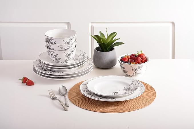 222 Fifth 12-Piece Porcelain Dinnerware Set for 4, White & Black Plates and Bowls Set, Glossy Ceramic Dish Set with Delicate Floral Design, Elegant Kitchen Dishes, Microwave & Dishwasher Safe, Bellamy