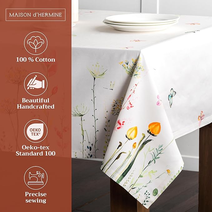 Maison d' Hermine Table Cloth Rectangle Table 100% Cotton 60 x 90 Inches Tablecloth Reusable Decorative for Dining Room Farmhouse Home Valentines Day Decorations Spring Summer - Botanical Fresh