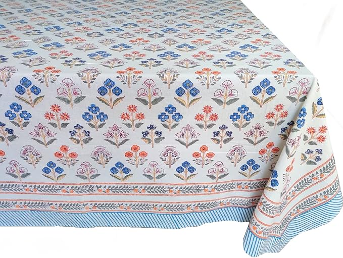 ATOSII Flora Bloom 100% Cotton Rectangle Summer Tablecloth, Block Print Floral Table Cloth Linen for Kitchen Dining I Parties Wedding Outdoors I Home Decor 60 X 108 Inches I 8 Seater I Memorial Day