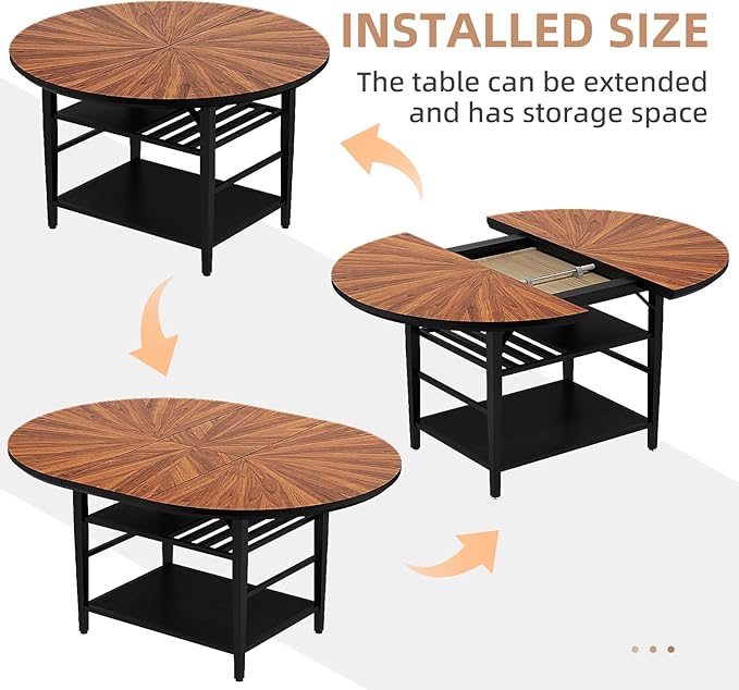 VFK 47.2"-63" Extendable Round Dining Table Set for 4–6, Solid Wood & Metal Table with Wine Rack Storage Shelf, Walnut Kitchen Furniture with 4 Upholstered Chairs (Storage Table and 4 Brown Chairs)