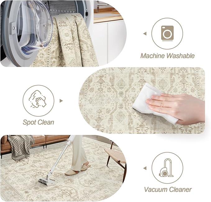 8x10 Area Rugs, Washable Rugs, Large Stain Resistant Beige Area Rug for Living Room Bedroom Dining Room, Vintage Farmhouse Rug
