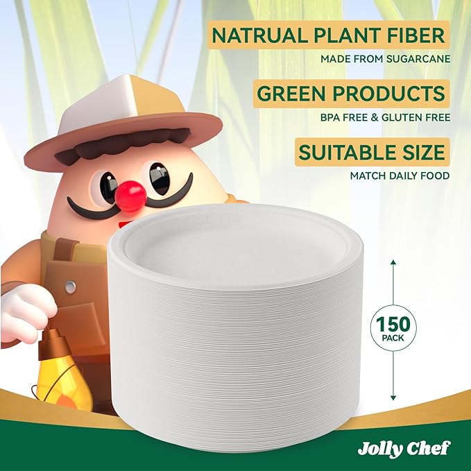 JOLLY CHEF Compostable Heavy Duty Plates 𝟭𝟬 𝗜𝗻𝗰𝗵 [𝟭𝟱𝟬 𝗣𝗮𝗰𝗸] Eco-Friendly Disposable Uncoated Paper Plates Bagasse Biodegradable Bulk for Party Dinner Hot Cold Food Christmas (White)