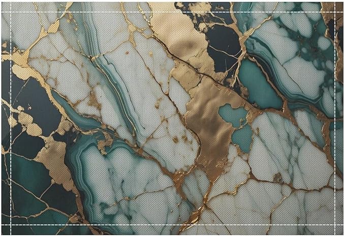 Marble Linen Placemats Set of 2, Modern Abstract Foil Texture White Green Gold Marble Washable Place Mats, Non Slip Placemat for Home Party Dining Tables Wedding Kitchen Banquets Decor 12x17 Inch