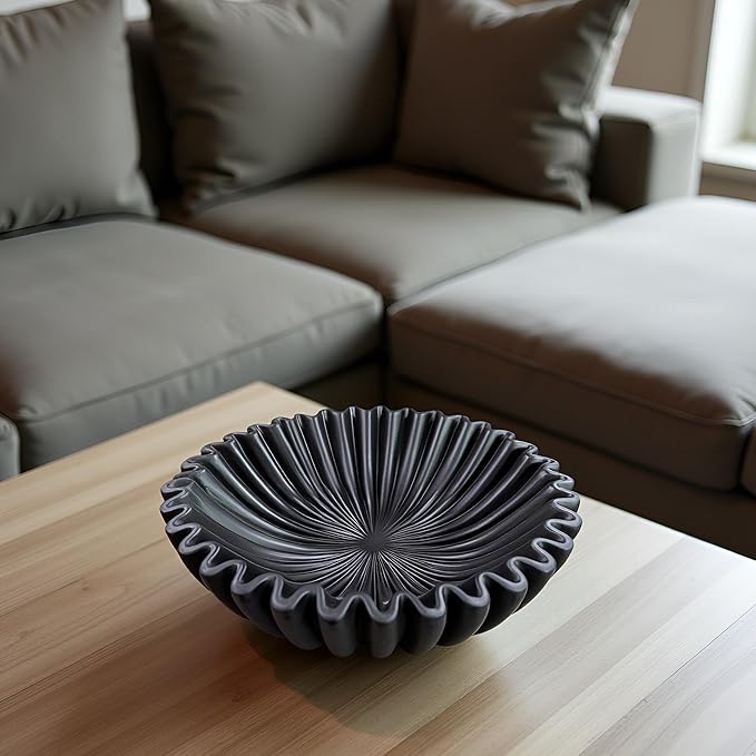 10" Large Decorative Bowl decor, Scalloped Bowls for Modern Home Decor,Ruffle Decor,Stylish Key Bowl for Entry Table,Decorative Fruit Bowl for Kitchen Counter,Black