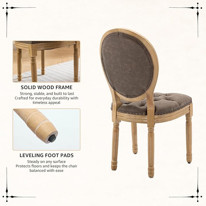 Vintage French Dining Chairs Set of 8, Round Back PU Leather Upholstered Accent Chairs with Nailhead Trim and Solid Wood Frame, Farmhouse Sillas de Comedor for Dining Room & Kitchen, Distressed Brown