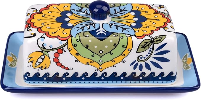 NAGU Hand Drawn Ceramic Butter Dish with Lid, Farmhouse Butter Plate Tray with Cover, Vintage Cheese Container Holder for Kitchen Countertop, Decorative Colored Country Style Home Butter Keeper Saver