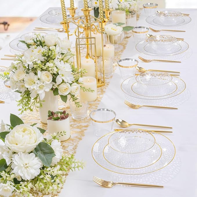 I00000 50 Pack 12 Ounce Clear Plastic Bowls Hammered with Gold Rimmed, Heavy Duty Disposable Bowl Set,Small Bowls for Valentine's Day
