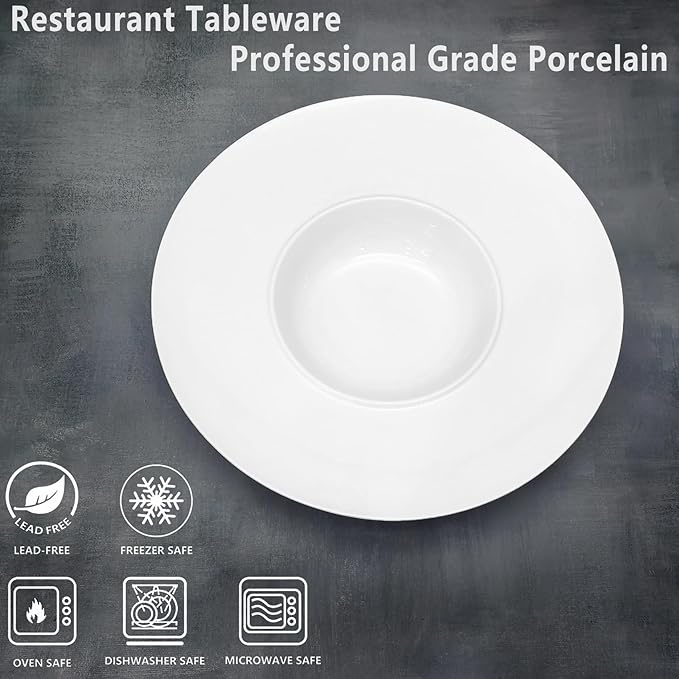 Ceramics Rimmed Soup Bowls 8.5 oz, White 10.4 inch Exquisite small soup plate Set of 4, Pasta plates With Rim is the best choice for hotels, kitchens, fine restaurants and gourmets