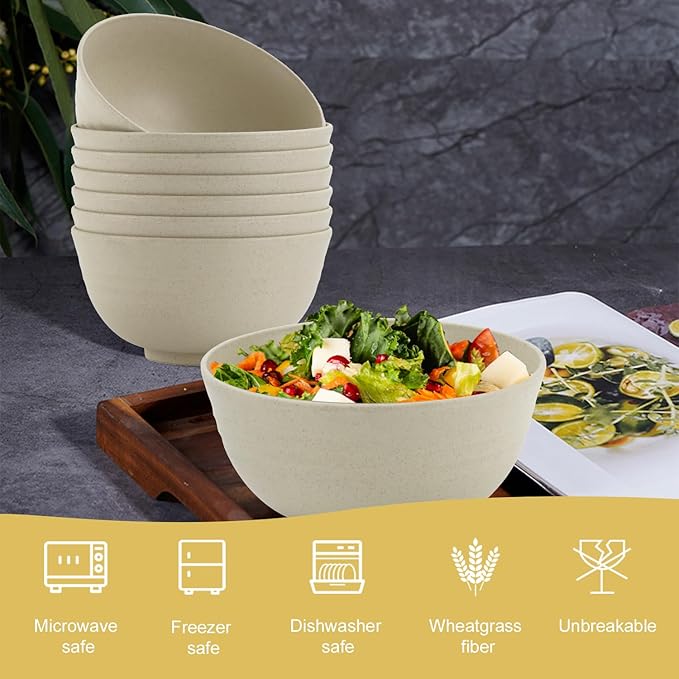 Homienly Unbreakable Cereal Bowls, Unbreakable Plastic Bowls Alternatives Set of 8, Wheat Straw Bowl for Kitchen,Camping, RV, Party, Microwave Safe Bowl Set for Cereal, Soup, Salad (Beige, 26 OZ)
