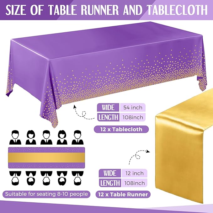 Breling 24 Pack Purple and Gold Disposable Plastic Tablecloths and Satin Table Runner Set, 54 x 108 Inch Tablecloth, 12 x 108 Inch Table Runners for Wedding Graduation Birthday Baby Shower