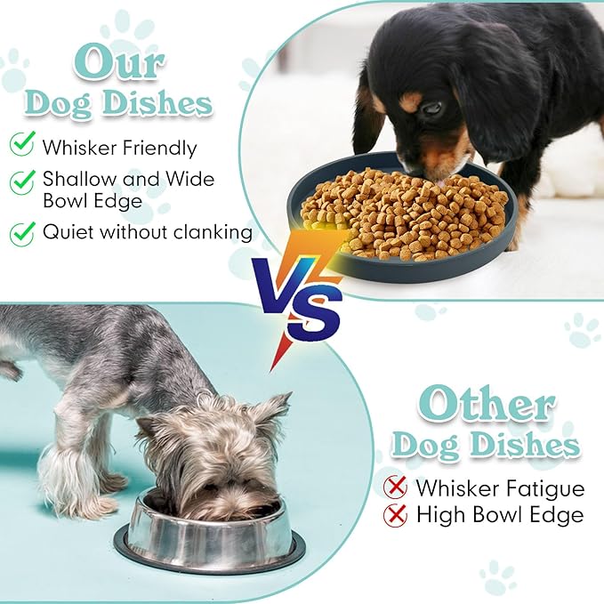 Silicone Dog Bowl Shallow Cat Food Bowls 7in Flat Puppy Plates Cute Whisker Fatigue Pet Feeding Dishes Set of 2 for Dry and Wet Food Indoor (Round Dark Grey)