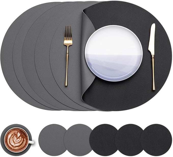Myir JUN Round Placemats Set of 6 Faux Leather Place Mats and Coasters 15 inch Round Table Mats Dual Sided Non-Slip Stain Resistant Placemats (Gray & Black, Set of 6)