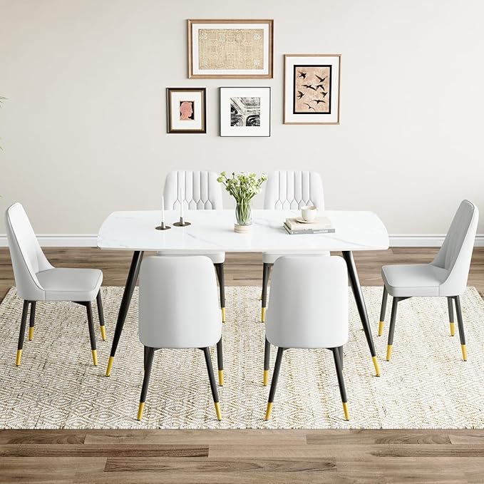 Modern Dining Table Set for 6, Dining Table Chairs Set of 6, Sintered Stone Kitchen Table Top and Modern Chairs Set of 6 for Kitchen Dining Room