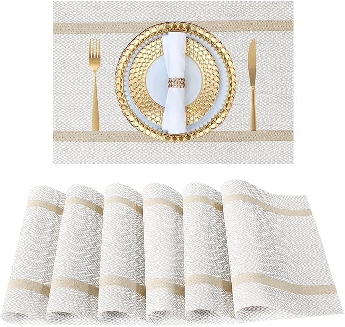 FAVE Placemats Set of 6 White Placemats Woven with Golden Thread Durable and Wipeable Vinyl Placemat Set of 6 for Wedding, Banquet, Birthday, Party, Restaurant Decorations(White)