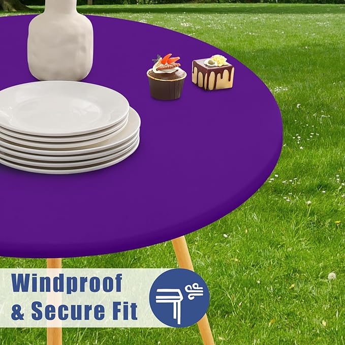 Round Spandex Tablecloth, Elastic Fitted Waterproof Tablecloths for 42"-50" Tables, Stretch Washable Picnic Table Cover for Camping, Dining, Indoor and Outdoor, Purple