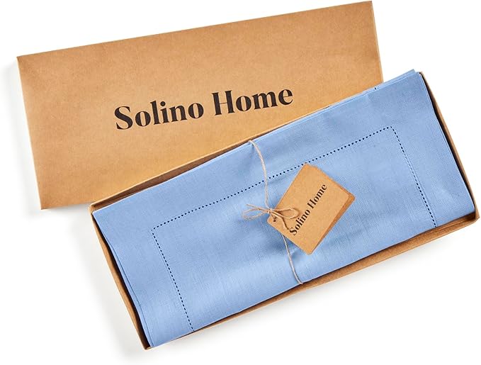 Solino Home Linen Cornflower Blue Table Runner 132 Inches Long - 100% Pure Linen Hemstitch 14 x 132 Inch Table Runner for Dining, Winter, Spring, Easter - Classic Hemstitch