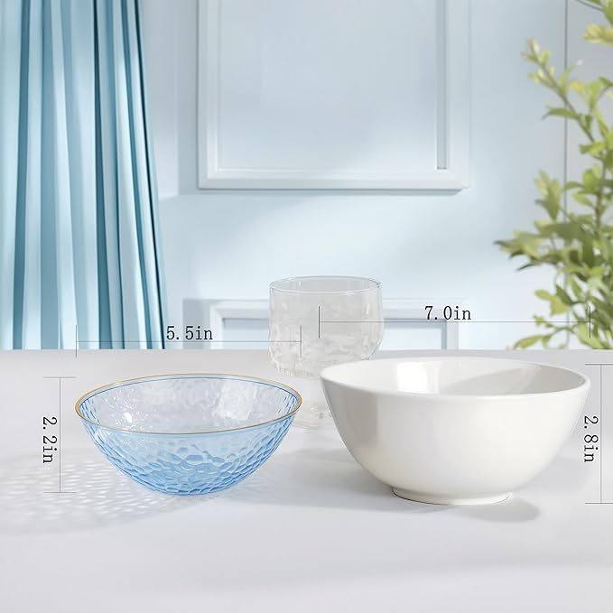 I00000 20 Pack 12 Ounce Blue Plastic Bowls Hammered Gold Rimmed Crystal Like, Heavy duty Disposable Bowl Set,Elegant Soup/Salad/Dessert/Ice Cream Bowls For Party, Weddings, Catering