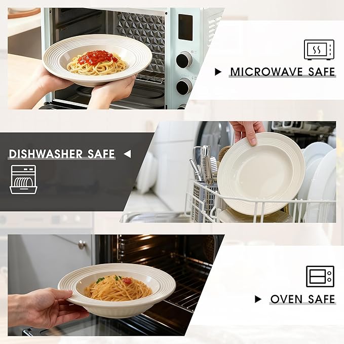 Wide Rim Soup Bowls, 11oz Small Capacity Rimmed Pasta Bowls Set of 4, 8 Inch Ceramic Salad Bowl, Shallow Plates, Elegant Dinner Cereal Serving - Microwave Dishwasher Oven Safe - Beige