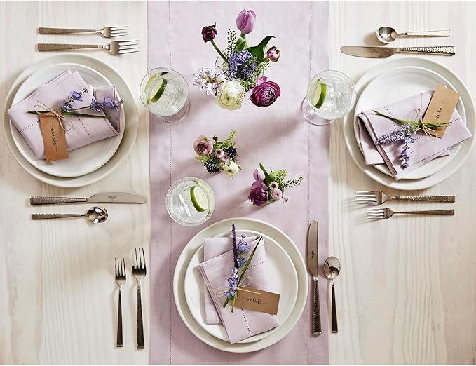 Solino Home Linen Lilac Table Runner 72 Inches Long - 100% Pure Linen Hemstitch Table Runner 14 x 72 Inch for Dresser, Dining, Valentines, Spring, Easter - Classic Hemstitch