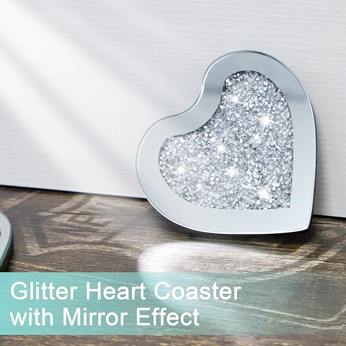 Glass Mirrored Coasters Set of 4, Heart Shaped Coasters with Crystal Diamond, Mirrored Silver Glass Cup Mats for Drinks, Advanced Top Decorations (4" x 4")