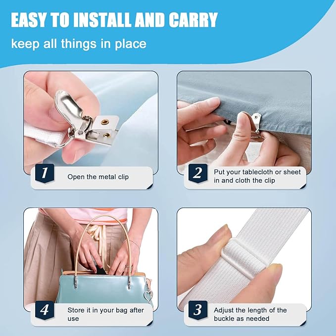 Table Cloth Holder Clips Hidden Strap 5 Pack, Adjustable Elasticity Picnic Tablecloth Clip Indoor Outdoor Large Clamp for Thick Tables Bench Cover Party Restaurant Camping RV Essential Accessories